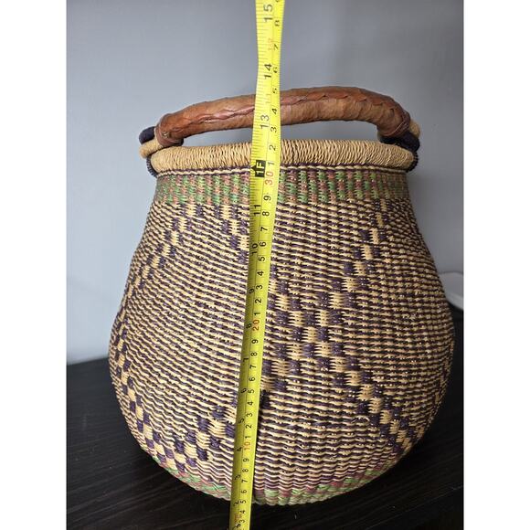 African Traditional Bolga Basket Large 13" Tall & 11" Wide Top 15" At Largest - Picture 4 of 6